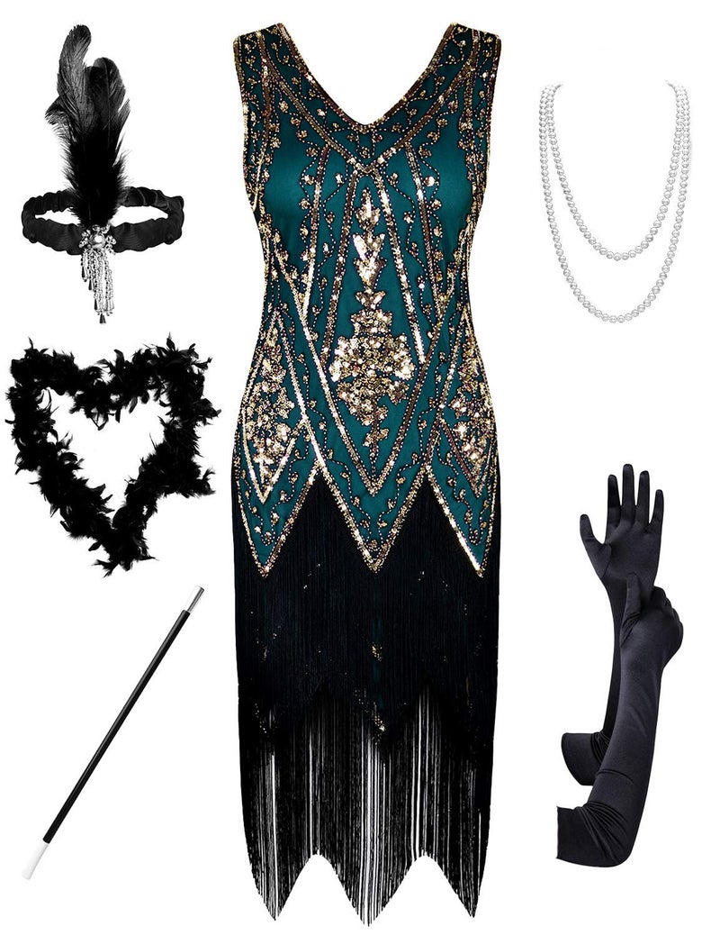 PrettyGuide Women's Roaring 20s Dress Vintage Swing Fringed Flapper Dress with 20s Accessories Set Gold Malachite Green S - Image 1